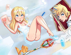 anus ass barefoot blonde_hair blue_eyes breasts feet female female_only human kairi keyblade kingdom_hearts namine nipples no_panties nolegal pussy roxas shoe_dangle solo