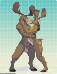 anthro antlers cervine closed_eyes erection hooves horn kissing kobi_lacroix male male_only mammal moose multiple_males nude penis side_view standing tongue yaoi