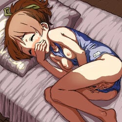 bed blush breasts brown_hair female human human_only k-on! lying masturbation nipples oekaki pillow pussy sao9434 school_swimsuit solo tagme ui_hirasawa_(k-on!) uncensored