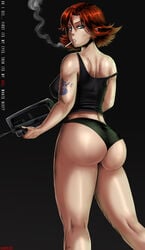 anus ass assault_rifle big_ass blue_eyes camas cigarette dat_ass female female_only huge_ass human looking_back meryl_silverburgh metal_gear metal_gear_solid panties red_hair shadman short_hair sideboob smoking solo tank_top tattoo weapon