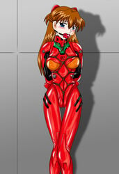 1girls arms_behind_back asuka_langley_sohryu ball_gag blush bodysuit bondage cameltoe clothing crotch_rope erect_nipples erect_nipples_under_clothes female gag gagged jpg kokuyousha latex medium_breasts neon_genesis_evangelion plugsuit red_bodysuit solo standing thigh_gap