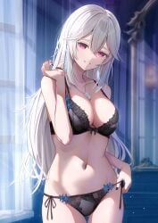 1girls absurdres black_bra black_nails black_panties bra breasts cleavage commentary_request cowboy_shot curtains dog_tags fingernails fujinomiya_rio grey_hair grin hair_between_eyes hand_up highres indoors lace-trimmed_bra lace_trim large_breasts lifting_own_clothes lingerie long_fingernails long_hair looking_at_viewer nail_polish navel night original panties purple_eyes side-tie_panties smile solo strap_lift underwear underwear_only window