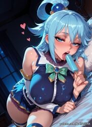 2025 ai_generated anime aqua aqua_(konosuba) aqua_\\\\(konosuba\\\\) bangs bare_shoulders bed blue_eyes blue_hair blue_shirt blue_skirt blush breasts cleavage covered_nipples crossover detached_sleeves eye_contact female female_focus flushed food hair_accessory hair_ornament hair_rings half-closed_eyes heart highres holding holding_food huge_breasts indoors inside kono_subarashii_sekai_ni_shukufuku_wo! konosuba large_breasts licking long_hair looking_at_viewer lying moaning night nsfw on_bed on_side open_mouth patreon patreon_username popsicle rognezart sexually_suggestive skirt solo thighhighs tongue tongue_out very_long_hair window