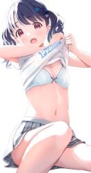 1girls absurdres bad_id bad_pixiv_id blue_bra blue_hair blush bow bow_bra bra breasts cleavage clothes_lift commentary_request dark_blue_hair embroidered_bra fangs fujinomiya_rio fukumaru_koito grey_skirt highres idolmaster idolmaster_shiny_colors lifting_own_clothes looking_at_viewer navel partial_commentary plaid_clothes plaid_skirt pleated_skirt red_eyes shirt_lift short_sleeves simple_background skin_fangs skirt small_breasts solo twintails underwear white_background