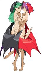 2demons bat_wings bengus darkstalkers female green_hair head_wings incest lilith_aensland long_hair morrigan_aensland multiple_girls nude short_hair sisters succubi succubus succubus_costume succubus_wings violet_hair white_background yuri