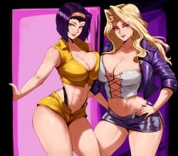 2girls bellink big_breasts blonde_hair breasts cleavage clothing cowboy_bebop crop_top crossover earrings faye_valentine female female_only green_eyes hair hand_on_hip hips jacket lips long_hair mai_valentine name_connection parted_lips pencil_skirt purple_eyes purple_hair purple_jacket purple_skirt short_hair skirt smile topwear yu-gi-oh! yu-gi-oh!_duel_monsters