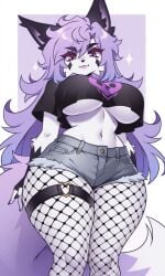 ai_generated animal_ears animal_tail animation_meme_community anthro anthro_female anthro_focus anthro_only big_breasts black_nail_polish black_nails crop_top cropped_shirt cutoff_jeans cutoffs female female_focus female_only fishnet fishnet_leggings fishnet_legwear fishnet_pantyhose fishnet_stockings fishnets furry furry_female furry_only huge_breasts jean_shorts long_hair looking_at_viewer looking_down looking_down_at_viewer pink_fur pixai purple_eyes purple_hair rossali shirt short_sleeves tagme tail thick_thighs underboob voluptuous voluptuous_anthro voluptuous_body voluptuous_female wide_hips youtube youtuber youtuber_girl