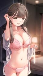 1girls absurdres bathroom bed black_eyes black_hair bra breasts ceiling_light cleavage collarbone commentary_request curtains earrings fujinomiya_rio highres indoors jewelry lamp large_breasts long_hair looking_at_viewer navel open_mouth original panties pink_bra pink_panties smile solo standing thighhighs underwear white_bathrobe window