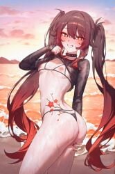 :d absurd_res ai_generated alternate_costume arched_back arm_behind_back ass ass_grab back beach beads bikini bikini_bottom_aside bikini_bottom_only bikini_top_lift bikini_under_clothes black_bikini black_choker black_collar black_hair black_nails black_panties black_shirt blue_sky blurry blush branch breasts brown_hair cherry_blossoms choker clothes_lift clothes_pull cloud cloudy_sky collar colored_tips contrapposto covered_nipples cowboy_shot crop_top day dusk evening falling_petals female fingernails flower flower-shaped_pupils flower_tattoo from_behind from_side g-string genshin_impact grabbing_own_ass gradient_hair gradient_sky grey_bikini grin hair_between_eyes hair_flower hair_ornament half-closed_eyes halterneck hand_on_own_ass hand_on_own_thigh hand_up heart-shaped_pupils highleg highleg_bikini holding horizon hu_tao_(genshin_impact) jewelry lifted_by_self long_hair long_sleeves looking_at_viewer looking_back looking_to_the_side makeup medium_breasts micro_bikini ministro multicolored_hair nail_polish naughty_face navel nipples no_bra no_headwear no_pants ocean open_mouth orange_sky outdoors panties parted_bangs parted_lips petals petite pink_sky plum_blossoms red_eyes red_flower red_hair red_nails sand see-through see-through_shirt shiny_skin shirt shirt_lift shore shrug_(clothing) sidelocks skindentation sky sleeves_past_wrists small_breasts smile solo spiked_choker spiked_collar spikes standing star_(symbol) stomach string_bikini sun sunset sweat swimsuit symbol-shaped_pupils tattoo teeth thighs thong thong_bikini twilight twintails twisted_torso two-tone_hair underwear very_long_hair wading water water_drop waves wet wet_clothes wet_hair wet_shirt wet_swimsuit white_bikini