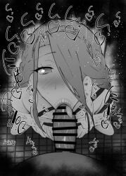1boy 1girls :>= big_penis black_and_white blush breasts censored detailed_background dress drooling eyelashes fate/grand_order fate_(series) fellatio female hair_over_one_eye heart human kurotama long_hair looking_at_viewer male male_pov oral oral_sex penis pov room saliva shiny_skin sketch sound_effects squatting straight sweat text tongue_out typhon_ephemeros_(fate) vein veiny_penis