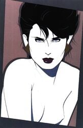 black_hair blue_eyes earrings female female_only nipples patrick_nagel tagme