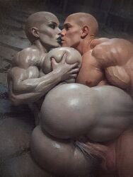 1boy 1boy1girl 1girls ai_generated ass breast_squeeze breasts cum_inside ejaculation ejaculation_in_pussy eyeshadow female_on_male grey-skinned_female hetero hetero_sex heterosexual kissing large_ass large_breasts light-skinned_male lipstick male_on_female monster_girl muscular muscular_female muscular_male oc oiled oiled_body oiled_skin original_character penis pierced_ears ruins side_by_side straight straight_sex teal_lipstick testicles vagina vaginal vaginal_penetration vaginal_sex