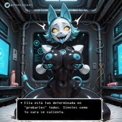 1robot_girl absurd_res ai_generated big_breasts blue_hair breasts deltarune dildo english_text fox_ears hi_res highres multiple_dildos nipples no_bra poncedart presenting robot short_hair tagme tail text text_box watermark yellow_eyes