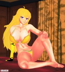 1girls arrancon blonde_female blonde_hair cleavage half-dressed half_naked long_hair long_hair_female nipple_slip pose posing ring_on_finger robotic_arm rwby solo_female yang_xiao_long