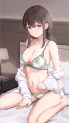 1girls absurdres bare_legs barefoot bed bed_sheet blush bra breasts brown_hair cleavage collarbone commentary_request fujinomiya_rio green_bra green_panties hair_between_eyes highres indoors lamp long_hair looking_at_viewer medium_breasts on_bed original panties parted_lips pillow red_eyes shirt sideboob sidelocks sitting solo toes twintails underwear wariza white_shirt