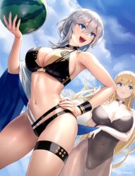 2girls :d alternate_costume arm_across_waist armpits ass_visible_through_thighs azur_lane ball bangs beach_ball bikini black_bikini black_legwear blonde_hair blue_eyes blue_sky breasts choker cleavage cloud cloudy_sky covered_navel cross cross_necklace cuboon day duo eagle_union_(azur_lane) female female_only hair_between_eyes hairband hand_on_hip highleg highleg_swimsuit holding_ball human jewelry large_breasts leotard light-skinned_female light_skin long_hair looking_at_viewer multiple_girls nail_polish navel necklace north_carolina_(azur_lane) open_mouth outdoors pantyhose pantyhose_under_swimsuit platinum_blonde short_hair silver_hair sky smile stomach strapless strapless_leotard swimsuit thigh_strap twitter_username washington_(azur_lane) watermelon white_hair wristband