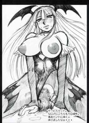 censored clothed_sex clothing darkstalkers drawn girl_on_top kokuriu large_breasts morrigan_aensland pubic_hair tagme torn_clothes translation_request