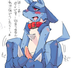 anthro blue_fur blush collar color erection front_view fur furry furry_tail lucario male male_only nude open_eyes open_mouth penis pokemon pokemon_(species) red_eyes sitting solo spike tagme tail text translation_request white_background