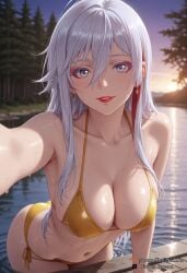 2025 86_-eightysix- ai_generated bangs bare_shoulders bikini blurry breasts cleavage collarbone earrings female female female_focus gold_bikini grey_eyes hair_between_eyes halterneck jewelry large_breasts lips long_hair looking_at_viewer makeup multicolored_hair navel nsfw outdoors parted_lips pool red_lips rognezart selfie side-tie_bikini_bottom sky smile solo streaked_hair string_bikini sunset swimsuit tree vladilena_millize water wet white_hair yellow_bikini