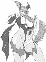 1futa breasts capcom censored clothing dagashiya darkstalkers futa_only futanari head_wings headwings huge_cock intersex konbuni kouin_n large_breasts monochrome morrigan_aensland no_testicles pantyhose penis pinky_out solo tights tororo_konbu vampire_savior wings