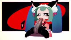 1boy 1girls 2d animated aqua_hair black_eyes black_sclera blowjob cat_ears chocolatepete0 dark-skinned_male dark_skin fellatio hatsune_miku maid maid_uniform mesugaki_miku sound tagme the_nefarious_black_square vanilla-pete veiny_penis video vocaloid