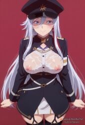 2025 86_-eightysix- ai_generated bangs black_thighhighs blue_eyes blush breasts closed_mouth covered_nipples earrings female female female_focus garter_straps grey_eyes hair_between_eyes hat jewelry lactation large_breasts long_hair long_sleeves looking_at_viewer military military_hat military_uniform nipples nsfw patreon_username peaked_cap red_background rognezart see-through shirt simple_background skirt smile solo thighhighs uniform very_long_hair vladilena_millize wet wet_clothes white_hair white_shirt
