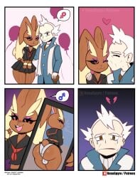 absurd_res anthro ass big_butt black_clothing bodily_fluids bottomwear brown_body bulge cellphone clothed clothing duo electronics eyelashes femboy fingers generation_4_pokemon glistening glistening_body hair hi_res holding_cellphone holding_object holding_phone human human_on_anthro interspecies kissing_cheek lopunny male male/male mammal nintendo open_mouth panties phone pokemon pokemon_(species) pupils renaspyro shirt skirt smile tears topwear underwear white_hair