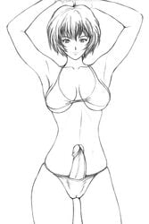 1futa armpits arms_up bikini dusty_heaven futa_only futa_sans_balls futanari intersex large_breasts looking_at_viewer monochrome neon_genesis_evangelion penis penis_out rei_ayanami short_hair solo_futa swimsuit