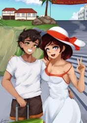 1boy aikiyun black_hair black_hair_female brown_hair cleavage clothed_female clothed_male female green_eyes male oscar_pine red_highlights ruby_rose rwby silver_eyes suitcase sun_hat