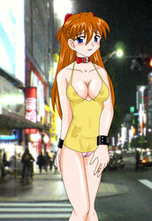 asuka_langley_sohryu blue_eyes blush cleavage clothed_masturbation clothing collar dress female hair kokuyousha long_hair looking_at_viewer masturbation medium_breasts neon_genesis_evangelion orange_hair panties sundress vibrator yellow_dress