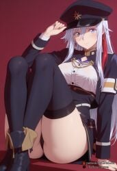 2025 86_-eightysix- ai_generated ass bangs black_footwear black_panties black_skirt black_thighhighs blue_eyes boots breasts closed_mouth cropped_jacket earrings female female female_focus grey_eyes hair_between_eyes hat high-waist_skirt jacket jewelry long_hair long_sleeves looking_at_viewer medium_breasts military military_hat military_uniform nsfw panties red_background rognezart shirt simple_background sitting skirt smile solo thighhighs thighs underwear uniform vladilena_millize white_hair white_shirt