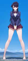 ai_generated barefoot blush breasts feet female giantess huge_breasts komi-san_wa_komyushou_desu komi_shouko long_legs miniskirt school_uniform schoolgirl toes