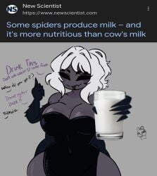 1girls cup_of_milk dark-skinned_female dark_skin english_text female female_focus female_only milk news_headline silkvia solo solo_female solo_focus spider spider_girl text white_hair white_hair_female zamzipperart