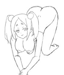 1girls all_fours arm_support ass barefoot bent_over big_ass big_breasts breasts busty come_hither feet female female_only futoku_no_guild half-closed_eyes highres large_breasts legs looking_at_viewer medium_hair monochrome nipples nude parted_lips petite seductive_gaze seductive_smile sensual sexy sexy_pose sketch smile solo teeth thighs tokishikko_dana twintails voluptuous