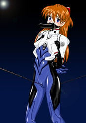 1girls arms_behind_back asuka_langley_sohryu blue_eyes blush bondage cameltoe clitoris clothing crossdressing crotch_rope dildo dildo_gag female female_only femsub gag muzzle_gag neon_genesis_evangelion orange_hair panel_gag plugsuit pussy rope rope_walking solo strap-on tears tied_hair twintails