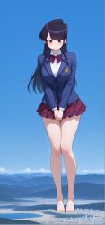 ai_generated barefoot blush breasts city feet female giantess huge_breasts komi-san_wa_komyushou_desu komi_shouko long_legs miniskirt school_uniform schoolgirl toes