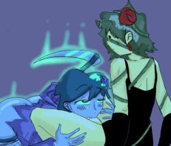 alternate_color alternate_costume bisexual bisexual_fellatio bisexual_female bisexual_pride_colors blowjob cum cum_in_mouth dark dark_world dress fellatio female femboy fishnets ghost ghost_girl glowing_eyes holding_legs male nonbinary nonbinary_(lore) oc rndmpornart rndmpornart_(oc) robe rose scythe vines