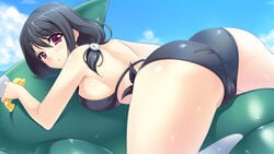 10s 2012 2d ass ayase_hazuki bikini black_hair blush cameltoe candysoft female game_cg kamidere looking_back ooguro_miho purple_eyes solo swimsuit tagme