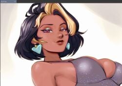 2d 2d_(artwork) 2d_artwork big_breasts blizzard_entertainment bob_cut boobs_focus breasts cleavage dark-skinned_female dark_skin dark_skinned dark_skinned_female digital_art digital_drawing_(artwork) digital_media_(artwork) domina earrings eyebrows eyelashes fanart hair_highlights huge_breasts indian indian_female konomidraw large_breasts looking_at_viewer multicolored_hair overwatch overwatch_2 seductive seductive_look sexy short_hair tan_body tan_skin tits_focus vaira_singhania video_game_character video_games yellow_hair