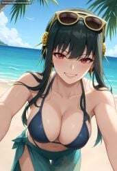 ai_generated bangs bare_shoulders beach bikini black_bikini black_hair blue_sky blush breasts cleavage collarbone dandanhub day earrings eyewear_on_head female flower gold_earrings gold_hairband grin hair_flower hair_ornament hairband jewelry large_breasts leaning_forward long_hair looking_at_viewer navel ocean outdoors red_eyes rose sarong sidelocks sky smile solo spy_x_family stomach sunglasses swimsuit yor_briar yor_forger