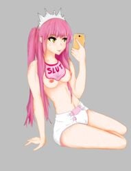 
areolae 
arm_support 
bare_arms 
bib 
fate_(series) 
high_resolution 
holding 
medb_(fate) 
simple_background 
smartphone 
sweat areolae bare_legs bare_shoulders belly breasts clavicle clothing crown diaper eyebrows eyebrows_visible_through_hair female grey_background headwear holding_object holding_smartphone legs light-skinned_female light_skin long_hair medium_breasts navel nekoloominati nipples nude pink_hair sitting text_on_clothes tiara tongue tongue_out very_long_hair yellow_eyes