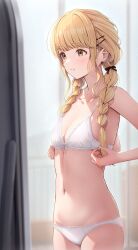 1girls absurdres adjusting_bra adjusting_clothes blonde_hair bra braid breasts cleavage commentary_request fujinomiya_rio fujita_kotone gakuen_idolmaster hair_ornament hairclip highres idolmaster indoors long_hair looking_at_mirror mirror navel panties parted_lips small_breasts solo standing stomach twin_braids underwear white_bra white_panties yellow_eyes