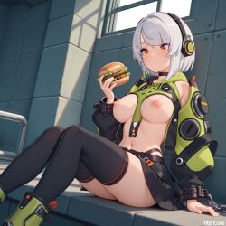 (titancore) ai_generated anby_demara big_breasts breasts_out chained_up curvy_figure eating female food girl hamburg headphones jacket kidnapped legwear nipples open_jacket orange_eyes prison side_braid silver_hair sitting_down skirt video_game_character zenless_zone_zero