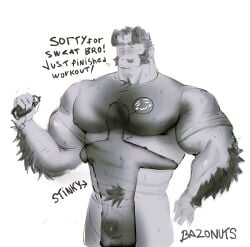 balls bara bazonuts bulge dog_boy dog_ears dogboy flaccid hugging male male_only monochrome muscles muscular penis size_difference sweat sweating tail
