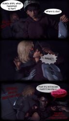 2girls 3d 3d_(artwork) 3d_render areolae baseball_cap blonde_hair breasts brown_eyes brown_hair clementine_(the_walking_dead) clothed clothing comic english english_text female female_focus female_only glowing_eyes gray_skin grey_body hat headwear hoodie kiss kissing large_breasts light-skinned_female light_skin lustpalace medium_hair nipples nude nude_female possessed possession red_eyes text the_walking_dead the_walking_dead_game