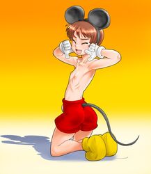 androgynous animal_ear back bare_back brown_hair closed_eyes disney fake_animal_ear gloves kneeling male male_only maruchiro mickey_mouse mickey_mouse_(cosplay) nipples public_domain shadow shorts smile solo tail tears topless