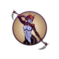 1girls accurate_art_style armor armor_removed dual_wielding female kabuto_(helmet) kusarigama mti nekki nude_edit nude_filter pandemia_(sf2) purple_skin reverse_bodysuit shadow_fight shadow_fight_2 sickle tagme third-party_edit