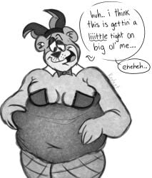 anthro bear belly_button_visible_through_clothing big_belly black_clothing bowtie bowtie_collar bunnysuit dialogue digital_media_(artwork) fat fat_male fishnets grabbing_belly hanna-barbera hi_res male moobs overweight overweight_male playboy_bunny self_fondle text text_bubble thick_thighs yogi_bear yogi_bear_(character)