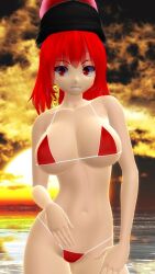 2025 3d beach big_breasts bikini breast clavicle cleavage clouds deity female hati_yukkuri_mmd hecatia_lapislazuli hips human light-skinned_female mmd navel red-eyed_female red-haired_female red_bikini short-haired_female smiling_at_viewer sun sunset swimsuit touhou waist water