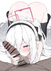 1boy 1girls absurdres all_fours bar_censor black_hairband black_thighhighs blue_archive bright_pupils censored commentary_request dark-skinned_male dark_skin erection female fingernails hairband halo highres kei_(blue_archive) kei_(new_body)_(blue_archive) kumiyabe licking licking_testicle light-skinned_female light_skin long_fingernails long_hair male_pov millennium_science_school_student nipples oral paranormal_affairs_department_(blue_archive) penis penis_grab pov red_eyes red_halo simple_background solo_focus straight testicles thighhighs white_background white_pupils